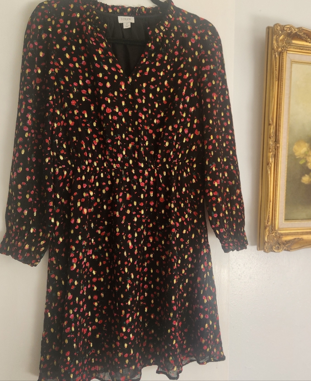 J CREW floral Black Dress With Gold Accents